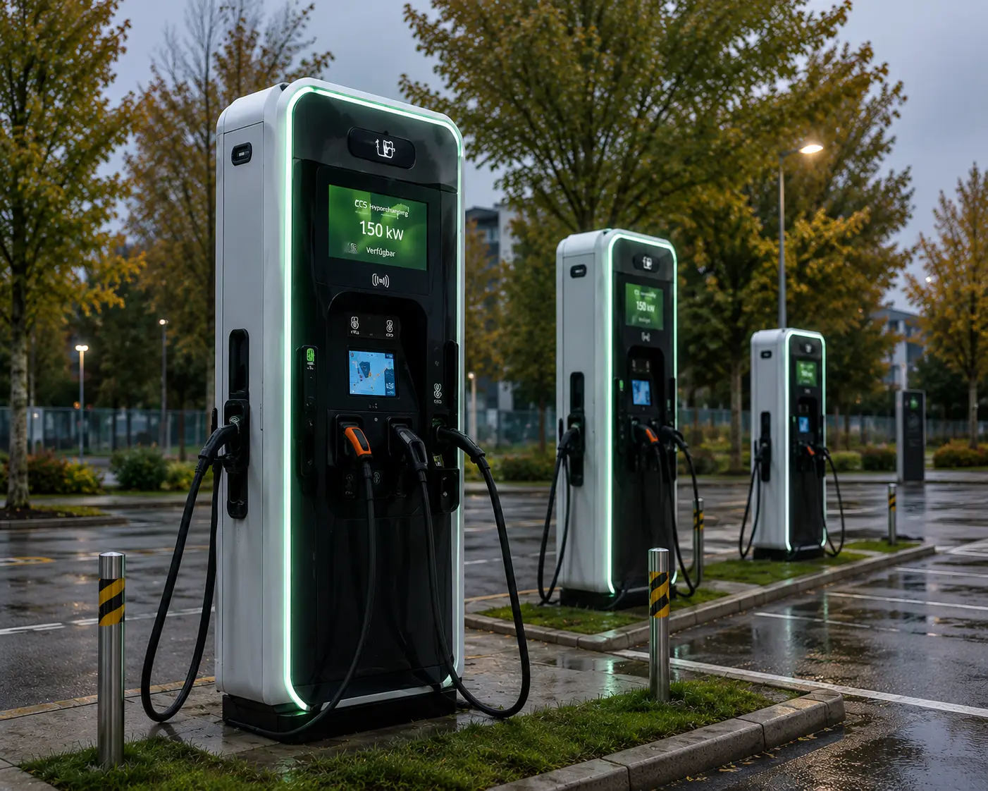 Mehrere beleuchtete 150-kW-Schnellladestationen auf einem öffentlichen Parkplatz.