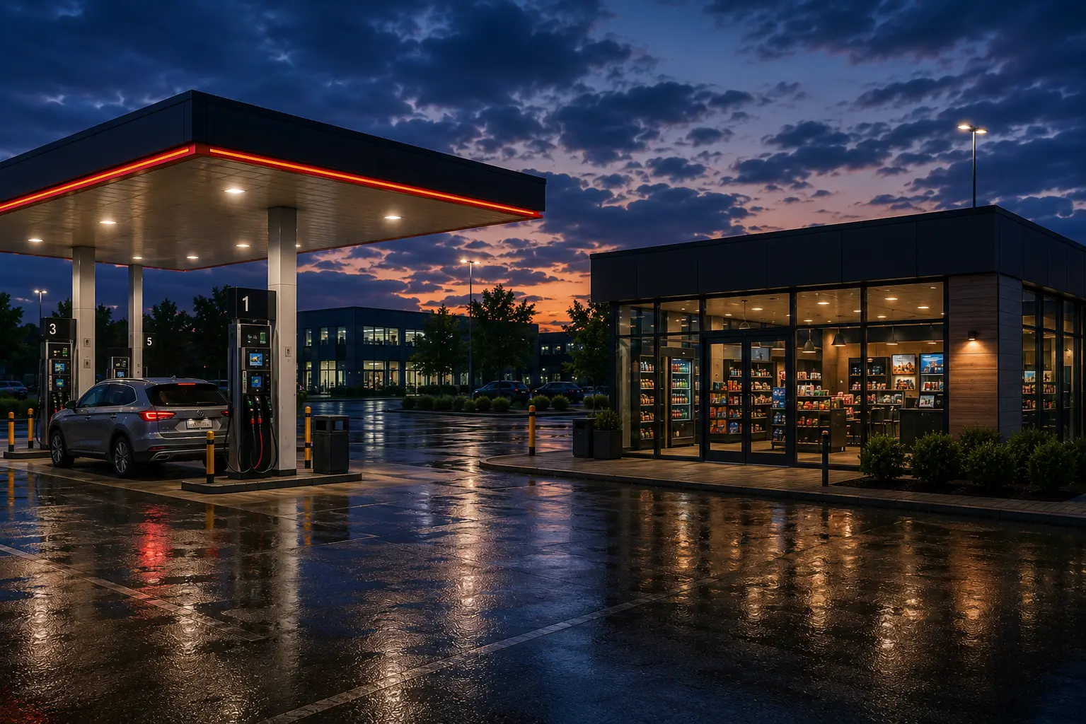 Beleuchtete Tankstelle mit Fahrzeug, Zapfsäulen und verglastem Shop am Abend.