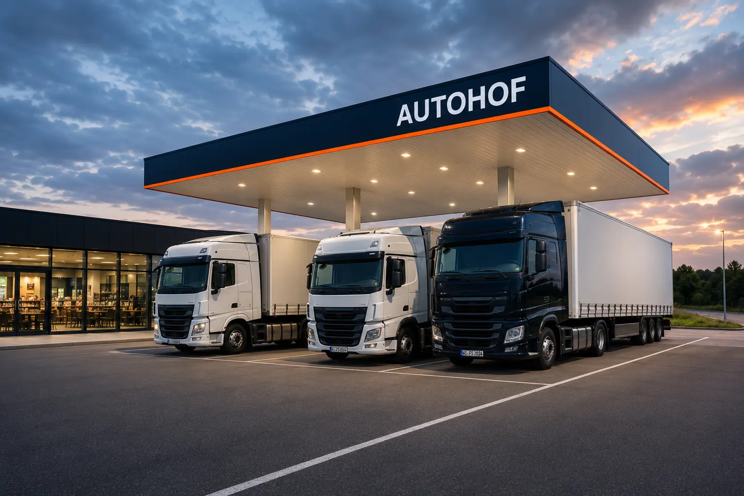 Drei Lastwagen parken unter dem beleuchteten Dach eines modernen Autohofs mit Gastronomiebereich.
