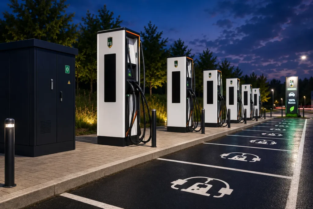 Beleuchteter Ladepark mit mehreren Schnellladesäulen und Stellplätzen für Elektroautos.
