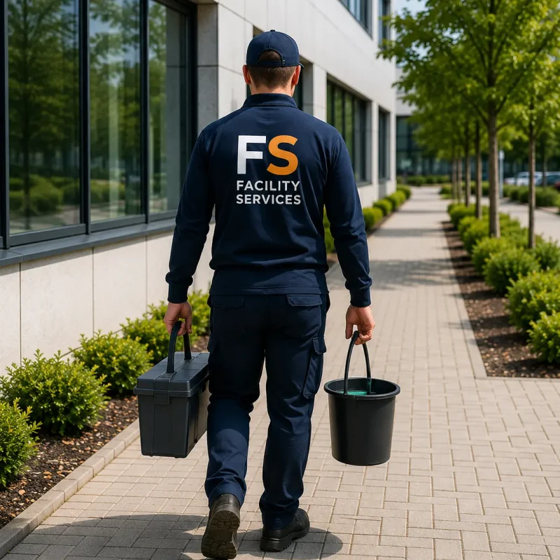 Mitarbeiter eines Facility-Service-Unternehmens trägt Reinigungs- und Arbeitsausrüstung zu einem Gewerbegebäude.